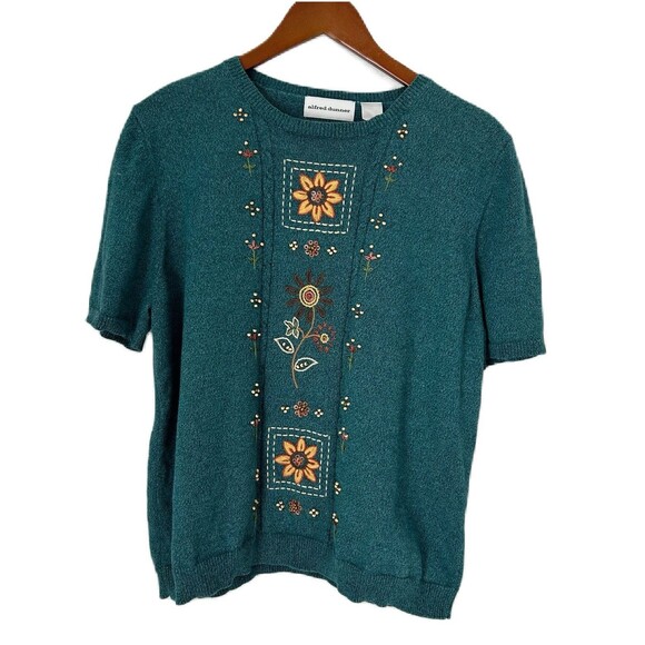 Alfred Dunner Top Women L Teal Sweater Crew Embroidery Beads Cottage Grannycore - Picture 1 of 11